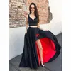 Svart och röd Hi Lo Prom Dress Evening Gowns 2019 Två Piece Spaghetti V-Neck Ruffle Formell Klänning Party Gowns Enkel Satin Lång Klänning