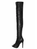Hot Selling Women Fashion Open Toe Black PU Leather Over Knee Gladiator Boots Cut-out Lace-up Long High Heel Boots