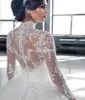 High Neck Lace Ball Gown Wedding Dresses Vintage Royal Long Sleeves Tulle Applique Sweep Train Bridal Gowns With Buttons BA3955