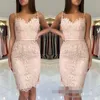 Rose clair chérie longueur au genou gaine robes de cocktail appliques dentelle robes de soirée fermeture éclair dos robe de soirée courte mère mariée dresse