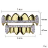 18k Real Gold Teeth Grillz Caps Iced Out Top Bottom Vampire Fangs Dental Grill Set Wholesale