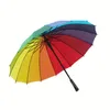 New Rainbow Umbrella Long Handle 16K Straight Windproof Colorful PongeeUmbrella Women Men Sunny Rainy