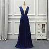 Robes de demoiselle d'honneur sexy bleu royal col en V profond dos ouvert en mousseline de soie ruché longueur de plancher pas cher longue soirée de bal robes de soirée 2019