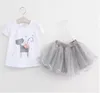 kids girls fashion summer short sleeve cartoon T-shirt +gauze skirt baby princess dress 2pcs/sets top quality