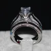 Moda Jóias Mulheres Princesa corte 7mm 5A CZ birthstones anel 14KT Ouro Branco Preenchido Noivado Wedding Band Anel Set