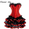 Corset + lace Skirt Sexy Women Corset and Bustier Burlesque Party dress Gothic Dress Sexy Lace Waist Trainer Red Set