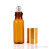 Amber 3ML 5ML 10ML Rollon Bottle For Essential Oils Stainless Steel Roller Refillable Perfume Bottle Deodorant Containers with Gold Lid