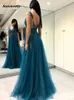 V-dionline aplikacje z koralikami High Slit Tiulle Open Back Even Even Party Suknie Promowe Vestidos de Fiesta Prom Long Eleganckie sukienki