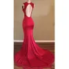 Plunging V Neck Mermaid Prom Dresses Red Sexy Side Slit Lace Appliqued Long Evening Gowns African Sexy Open Backless Party Dress Cheap