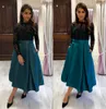 Teal Prom Dresses 2019 Long Sleeves A-Line Tea-Length Formal Evening Dress Black Lace Bodice with Pockets