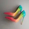 Darmowa wysyłka Opłata Kobiety Pompy Rainbow Multi Color Patent Leather Siate Toe High Heels Brzednie Buty Ślubne Pompy Real Photo