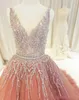 Major Beading Prom Dresses Long Deep V Neck Sash Tulle Celebrity Quinceanera Dress Sweep Train Luxury Evening Dress