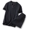 M-5XL Size Mens Summer Casual Coon Linen V-neck short sleeve tops + shorts two piece set men Office Suit Set Men's Costumes