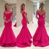 Élégantes robes de soirée sirène fuchsia hors épaule froncées en satin simples longues robes de bal sexy soirée dos nu porte un train de balayage