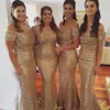 Элегантные русалки из-за плечевого золота блестки платья подружки невесты Ruched Sequin Wedding Party платье