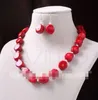 Conjunto de collar y aretes de perlas de 5 mm con gema de mapa de coral rojo LLred