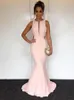 2019 Sexy Cut Out Back Pink Mermaid Prom Dresses Jewel Neck Sleeveless Satin Backless Simple Concise Evening Gowns BA7877