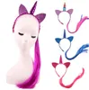 Rainbow Color Ponytail Unicorn Hoofdbanden Glitter Oren Kids Meisjes Prinses Vlecht Pruik Haarbanden Haaraccessoires GA243