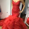 South Africa Red Prom Dresses Spaghetti V-Neck Beaded Appliques Fluffy Tiered Mermaid Prom Dress Glamorous Sexy Party Gown Evening Dresses