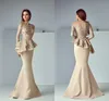 Laço de champanhe Mancha Peplum Longo Vestidos Formais Desgaste 2018 Sheer Neck Manga Comprida Dubai Árabe Sereia Vestido de Baile