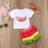 夏の赤ちゃんの女の子の服スイカの時間tシャツ+ショートパンツ+ヘッドバンド3ピース衣装セットファッション子供服幼児女の子服0-3t