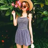 Mujeres Vintage Halter de rayas sólidas Shirred One Piece Traje de baño Vestido de playa Vestido de baño