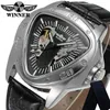 Winner Automatic Mechanical Mens Watches Leather Trangle Skeleton Man Clock Top Sport Male Wristwatch 0636