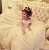 Ballkleid Schulterfreies Blumenmädchenkleid für Hochzeit, Spitzenapplikation, lange Ärmel, Kindergeburtstagskleid, Prinzessinnen-Schnürkleid für Mädchen, Festzugskleider