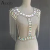 Akyzo Crazy Crystal Sequin Dames 2 Stuk Sets Grappige Festival Outfits Handgemaakte Patchwork Metal Kwastketen Crop Top Women's Set