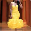 Amarelo Chá Comprimento Mermaid Prom Vestidos Sweetheart Lace Appliques Saiered Saia Cocktail Vestido Meninas Formal Vestuário Homecoming Vestido