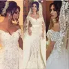 Luxo Dubai Vestidos de Noiva Árabe com Overskes Pérolas Lace Applique Sash Sereia Vestido de Noiva Glamorous off Ombro Vestido de casamento