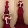 Burgundia wysoka szyja Prom Dresses Zobacz przez koronkowe aplikacje cekiny zamek błyskawiczny z powrotem 2K18 Prom Dress Gloamorours 3D Rose Train Celebrity Party Dress