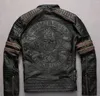 Vintage schwarz getäfelte Farbe Totenkopf-Stickerei Lederjacken Motorrad-Lederjacke Stehkragen