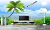 Custom Retail 3D Stereo Seascape Background Wall Painting Blue Sky White Clouds Coconut Tree Bird Seascape Mural