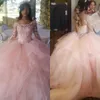 Prinzessin Rosa Ballkleid Quinceanera Kleider mit Ärmel aus der Schulter Rüschen Spitze Schlüsselloch zurück Vestidos 15 Jahre 2019 für Geburtstagsgeschenke