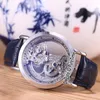 New Golden Bridge 42mm Steel Case Silver Diamond Inner Skeleton Dial Automatic Tourbillon Mens Watch Sports Watches Blue Leather C302e