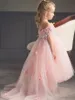 Off The Shoulder Pink Flower Girls Dresses Sheer Neck Feather Tulle Satin Ankle Length Princess Children Birthday Wedding Party Dresses