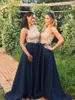 2018 Sparkly Billiga Brudtärna Klänningar Navy Blå och Guld Sheer Neck Stora Beading Golvlängd En Linje Bröllop Guest Party Prom Evening Gowns