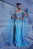 New Evening Dresses New Luxury Mermaid Cap Wrap Sleeves Lace Appliques Crystal Beaded With Cape Flowers Blue Formal Party Prom Gowns