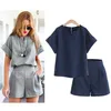 Two-piece summer fashion Women shorts t shirt Linen large Plus Size XL-5XL Shirt Solid Tops+High waist shorts Sets for womens #F