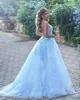 2018 Arabic A Line Sky Blue Evening Dresses Sheer Neck 3D Flowers Applique Beads Open Back Plus Size Pageant Party Dress Evening Gowns
