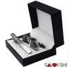 SAVOYSHI Classic Square Black Laser Stripe Bussiness Mens Cufflinks Tie Clips Set High Quality Necktie Pin Tie Bars Clip Clasp