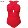 Groothandel-grote maat zwemkuur dames 1 stuks Trikinis Cross Cup Hoge Taille Badpak Rood Plus Size One-Pieces Badpakken