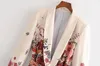 Wiosna Jesień Kobiety Vintage Czerwony Kwiatowy Druku Kimono Jacket Damska Talia Bowknot Sashes Znosić Biznes Biuro Lady Nosić żakiet