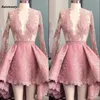 Sexy Deep V-Neck Hi-Lo Evening Dresses Peach Pink Long Sleeve Applique Ruffle Short Party Prom Dresses