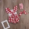 Pasgeboren baby rompertjes baby peuter kleding plaid wit rode baby romper + boog hoofddeksels outfits zonsuit 0-18M pasgeboren baby meisjes jumpsuits