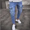 Mens Jeans Ripped Pocket Blue Solid Color Denim Pants Mens Slim Fashion High Street Biker Jeans Male Long Trousers Pencil Pants Je2211