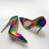 Rainbow Candy Color Woman High Heel Pointed Toe Sexiga Pumpar Tunna Heel Female Dress Shoes Stiletto Heels Ol Out Passar plus 44 45