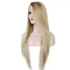 Perruque Lace Front Wig synthétique sans colle, cheveux longs et lisses, ombré brun à blond, perruque en Fiber haute température pour femmes blanches