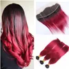 Cabello humano rojo Ombre Raíz oscura Cabello virgen peruano Frontal de encaje recto sedoso con paquetes Dos tonos 1b Trama de cabello rojo